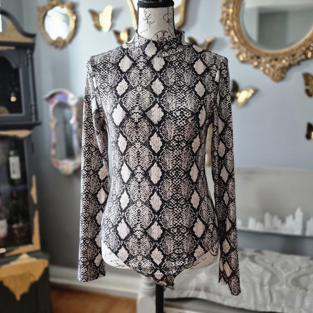 Caution To The Wind Black and White Snakeskin Balletcore Bodysuit Medium
